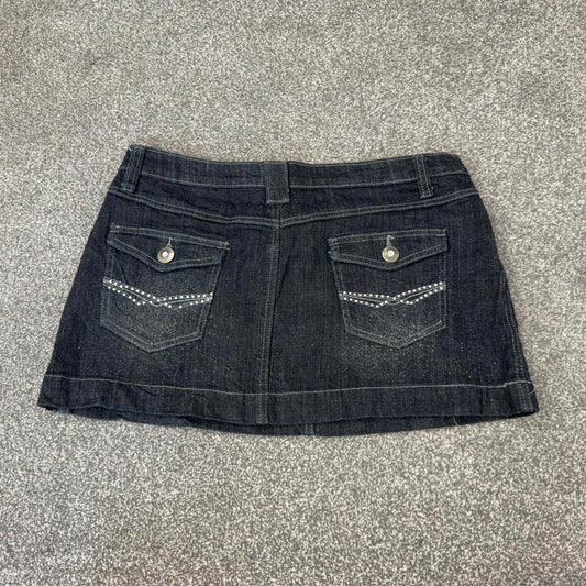 Y2K vintage dark sparkly faded denim low rise mini skirt rhinestone mcbling