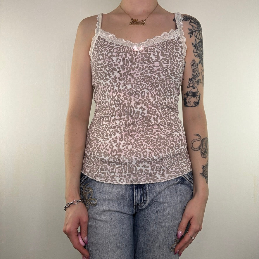 Y2K vintage leopard print lace trim cami top light pink/brown lettuce hem bow