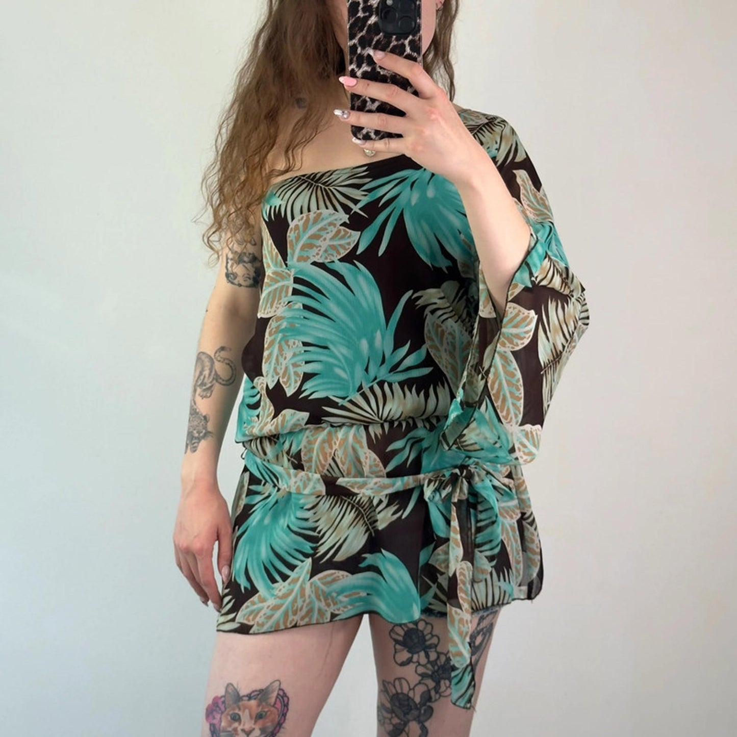 Y2k vintage flowy one shoulder summer long top palm tree summer flare sleeve