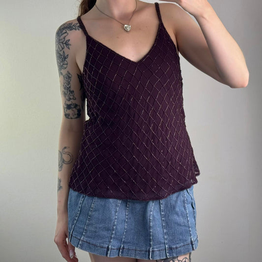 Y2K vintage beaded embellished v neck cami top diamond double layer