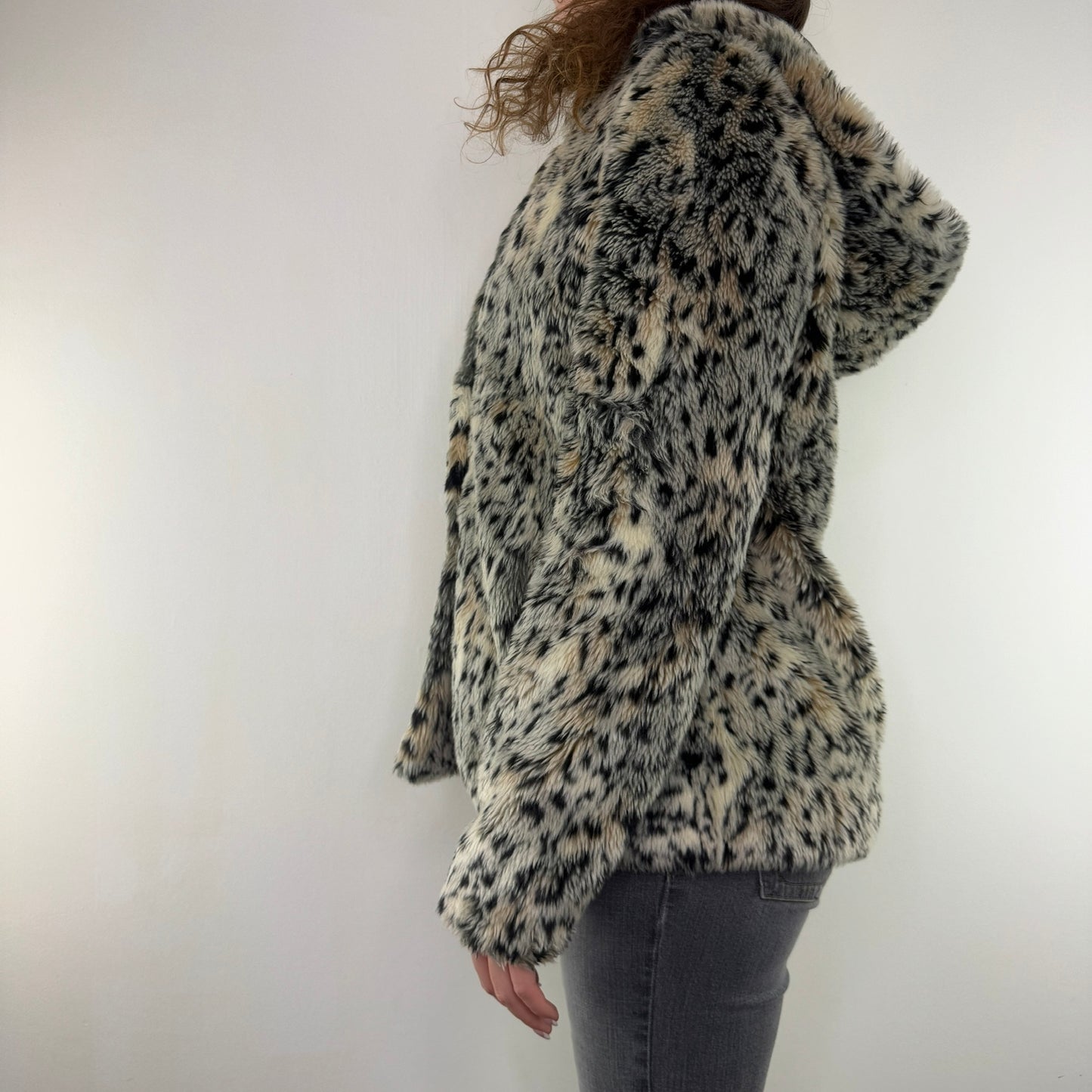 Y2K vintage faux fur coat leopard print button up hood oversized jacket