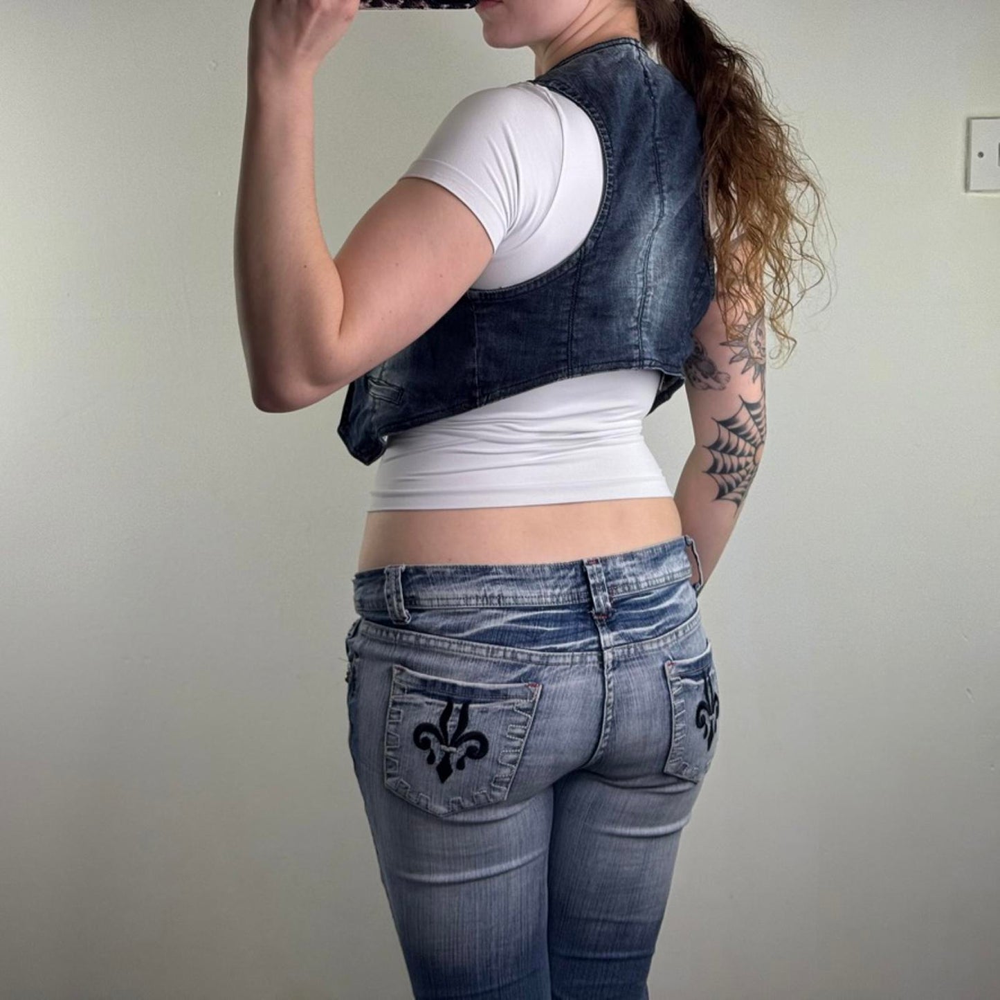 Y2K vintage studded open denim waistcoat jacket faded wash blue sleeveless