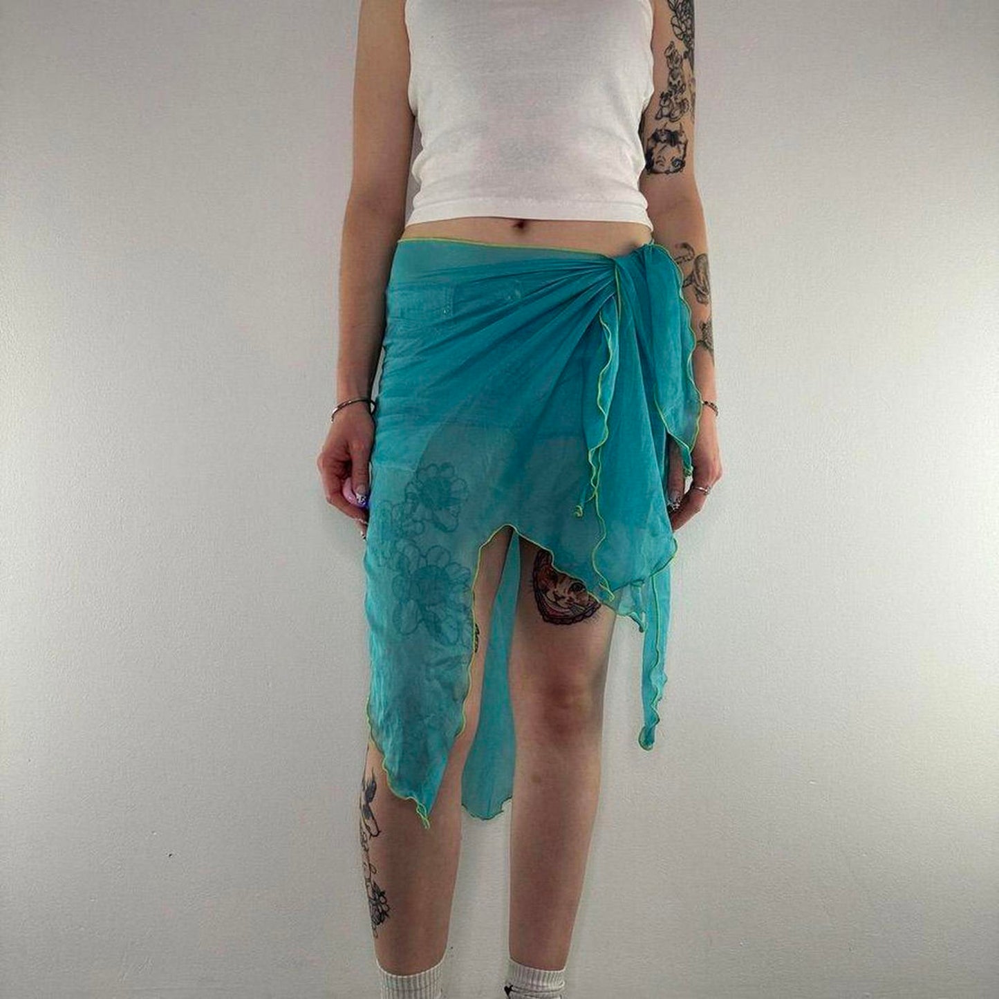 Y2K vintage sarong swim beach cover up sheer fairy bow blue green asymmetrical