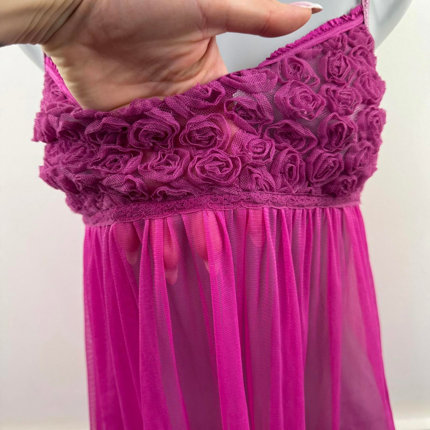 Y2K vintage mesh sheer babydoll pink dress strappy 3D rose floral mini short