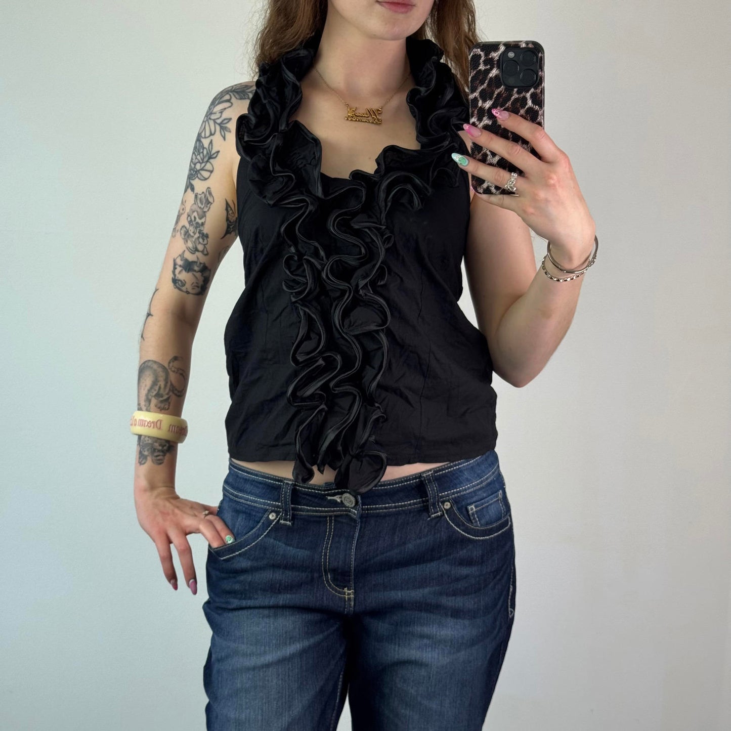 Y2K vintage ruffle v neck tank top big frilly neckline
