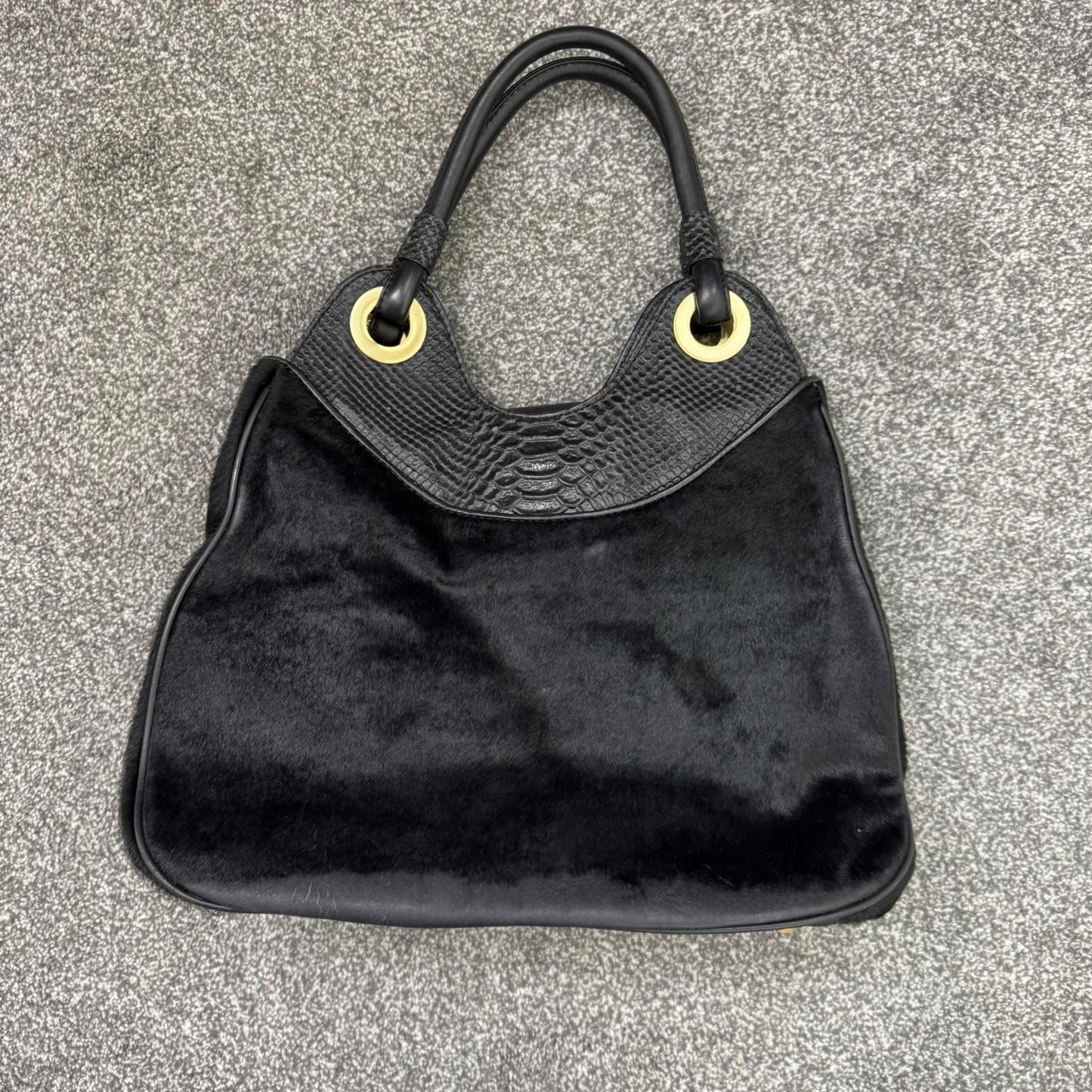 Y2K vintage genuine pony fur leather shoulder bag handbag croc print black gold