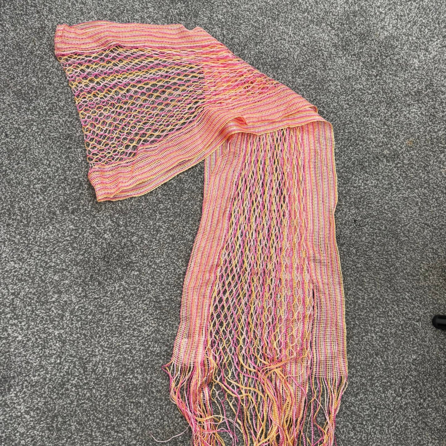 Y2K vintage sheer fine knit stripe scarf fringe orange pink lightweight