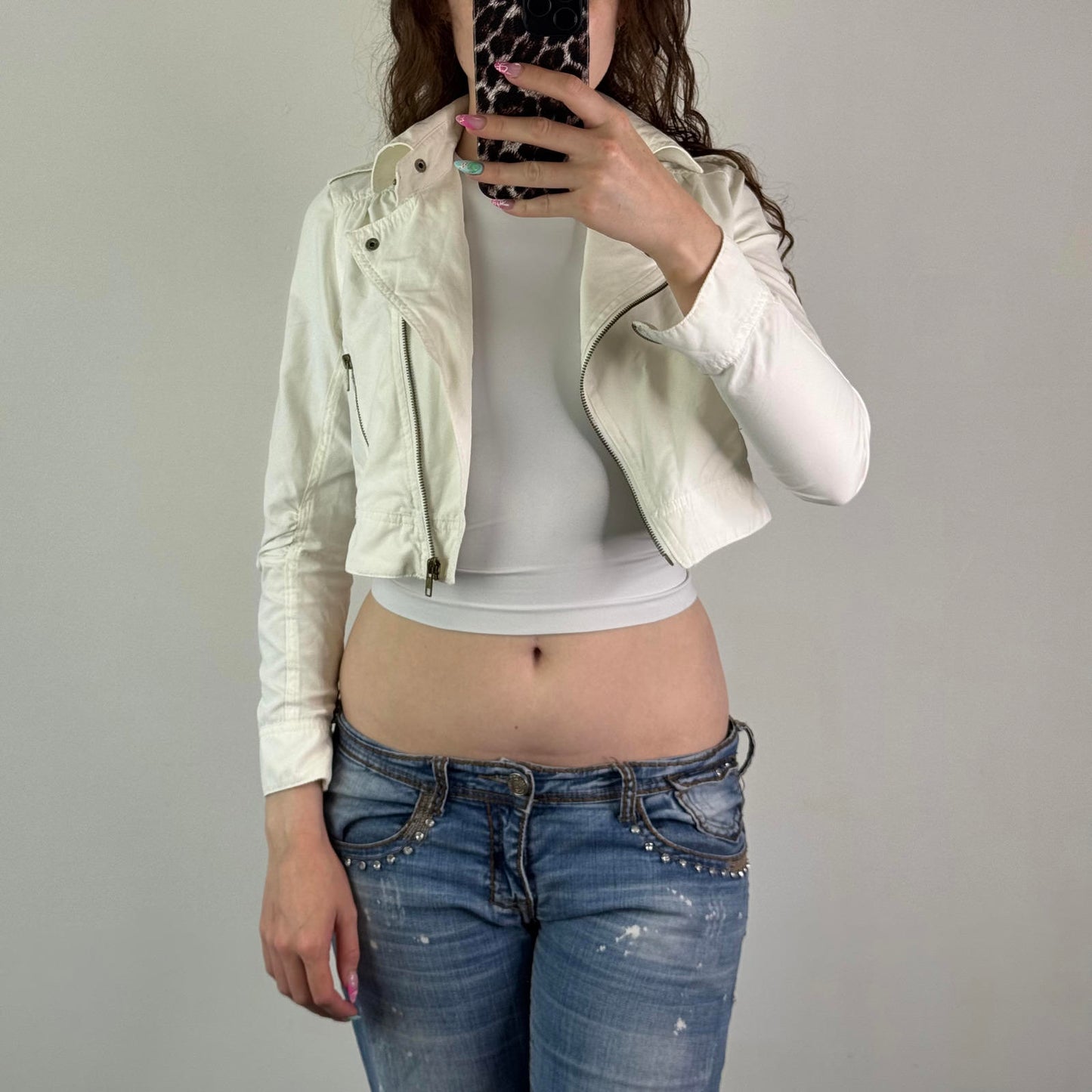 Vintage cropped fitted long sleeve jacket lightweight asymmetrical zipper XS