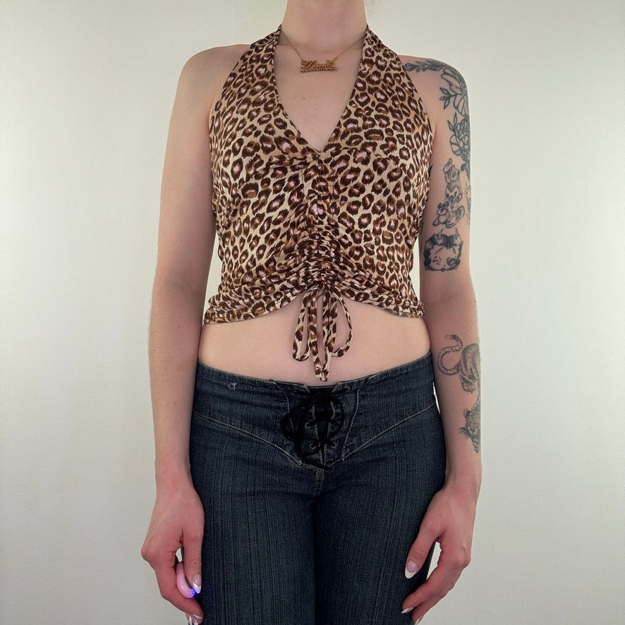 Y2K vintage leopard print halter neck ruched top