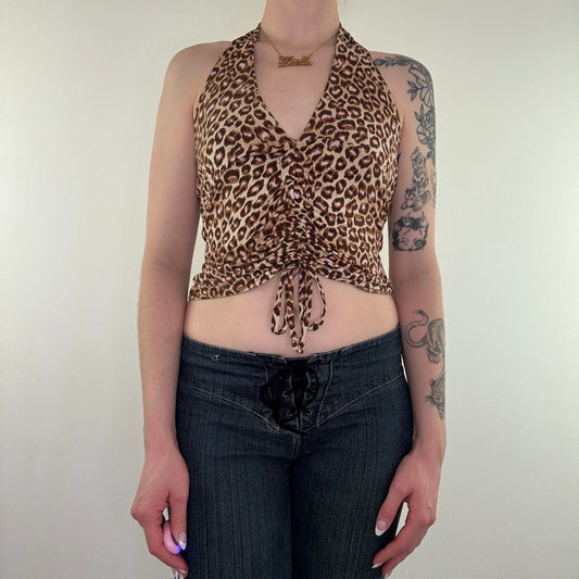 Y2K vintage leopard print halter neck ruched top