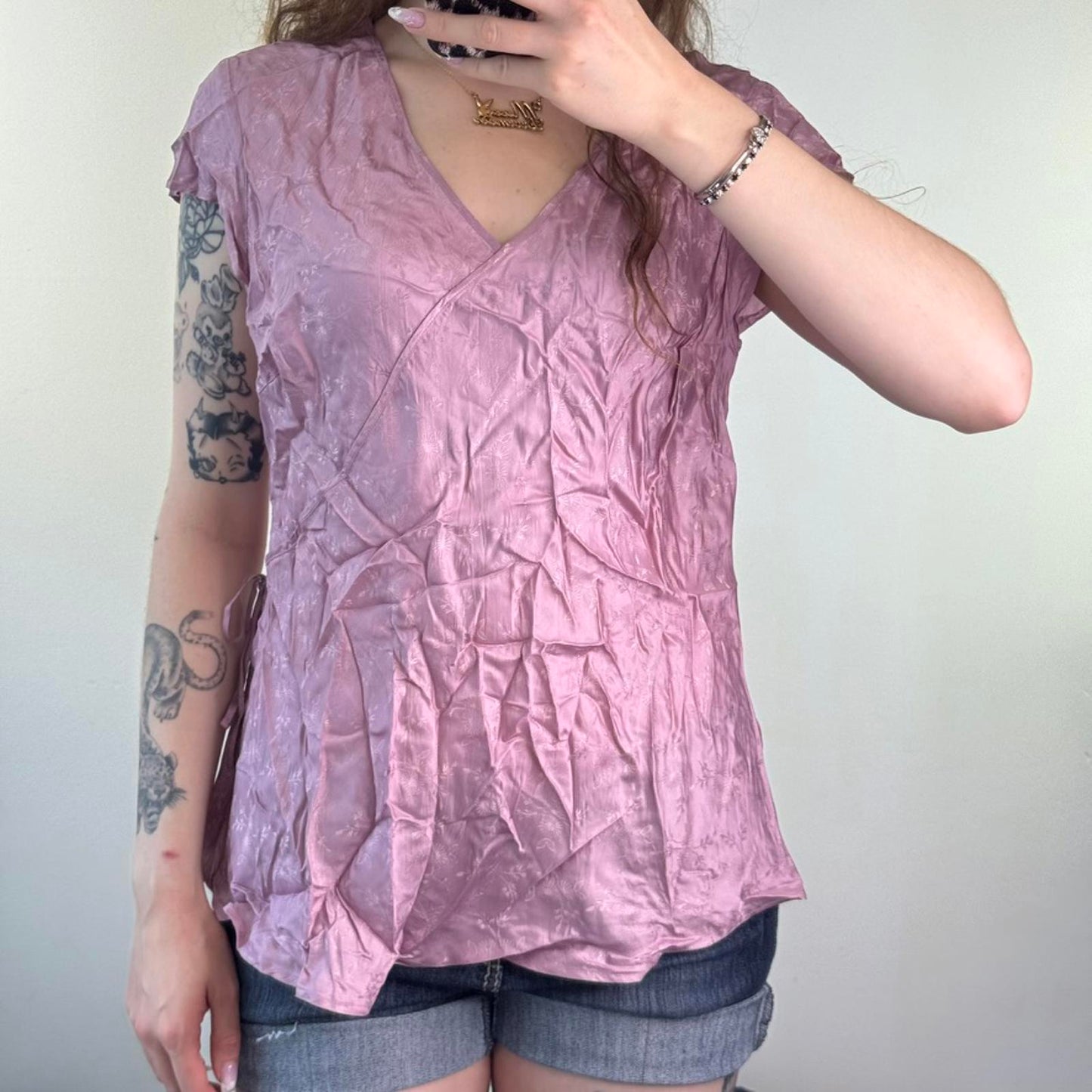 Y2K vintage floral side bow blouse short sleeve top v neck pattern