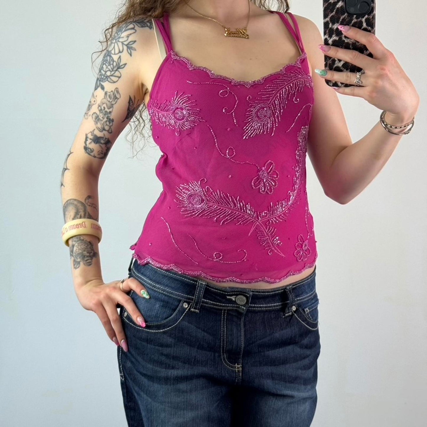 Y2K vintage Bay embellished strappy top floral feather racerback beaded pink