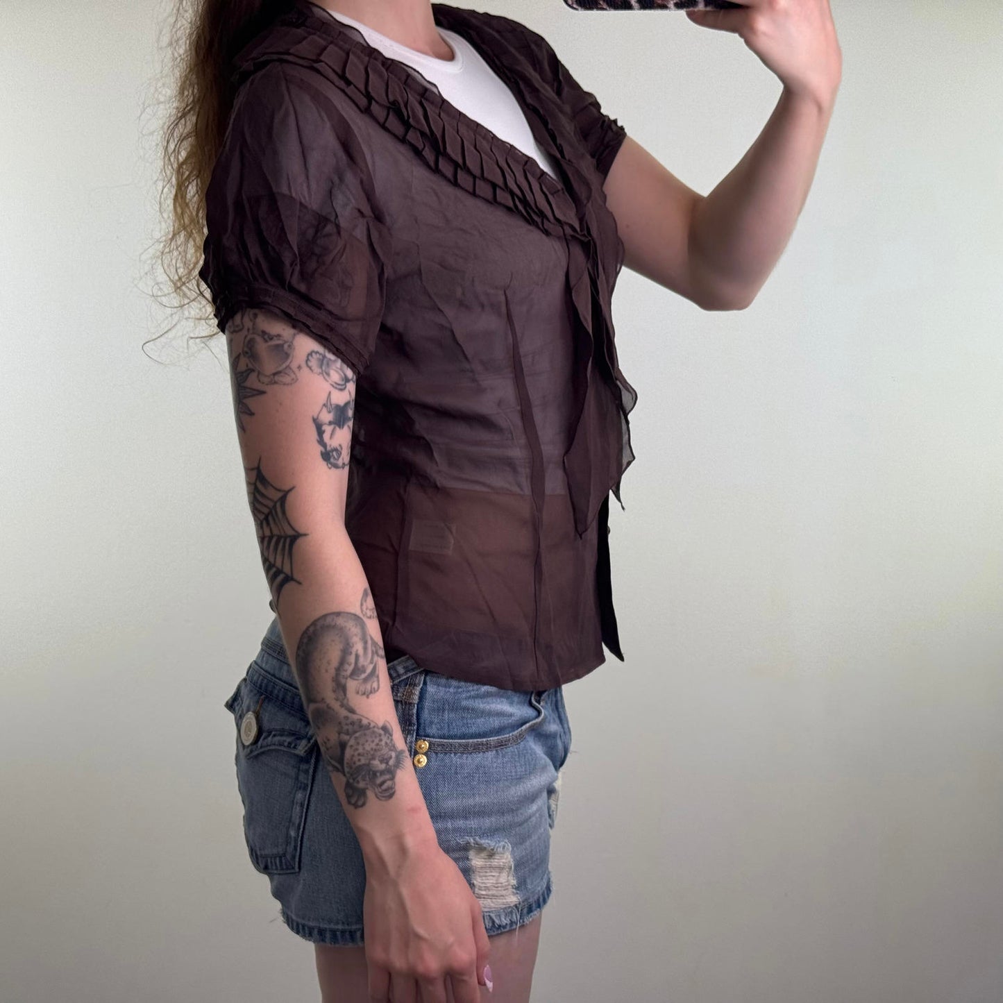 Y2K vintage 100% pure silk short sleeve blouse v neck pleated ruffle frill sheer