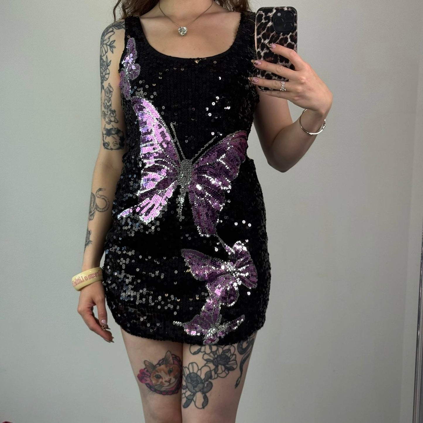 Y2K vintage sequin butterfly mini dress black purple mesh round neck festival