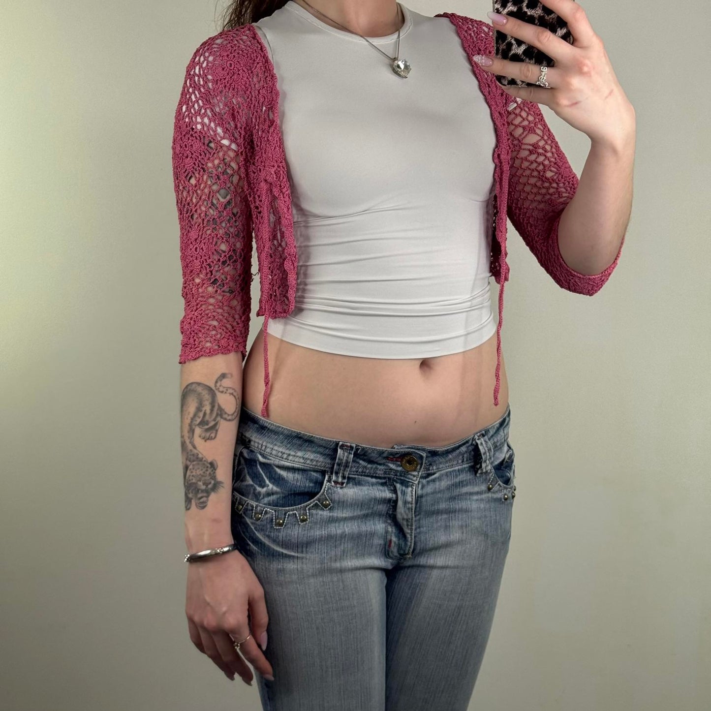 Y2K vintage Principles crochet cropped cardigan floral knit bow sheer 3/4 sleeve