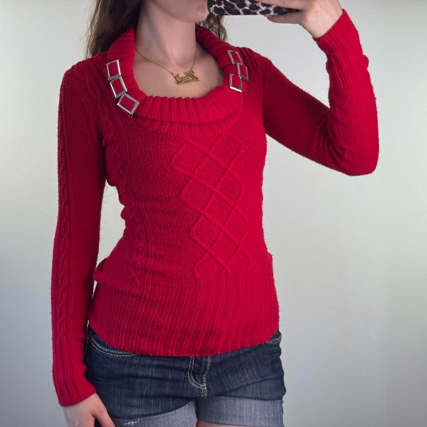 Vintage Jane Norman roll neck knitted jumper buckle scoop neck