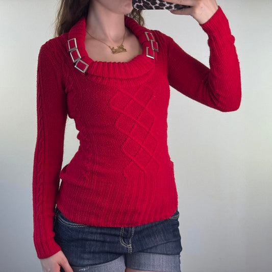 Vintage Jane Norman roll neck knitted jumper buckle scoop neck