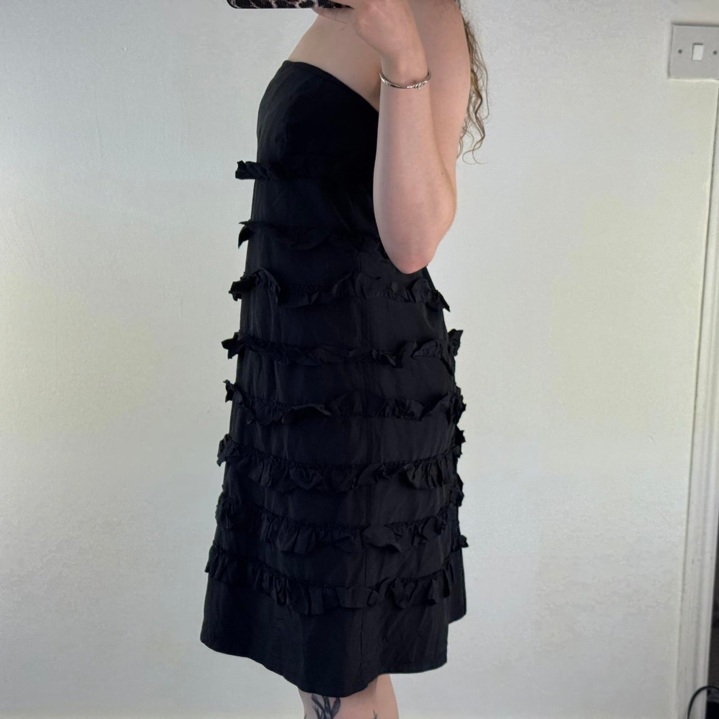 Y2K vintage Gap part silk ruffle strapless midi dress a line tiered black