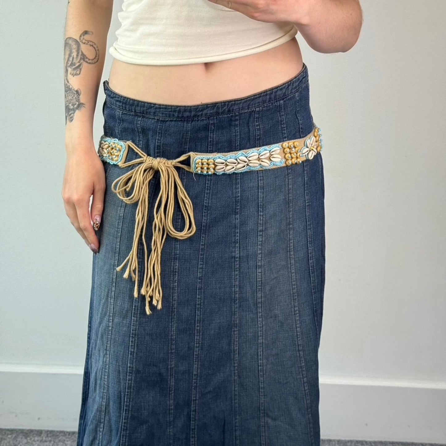 Y2K vintage seashell beaded canvas belt adjustable blue beige bow beach