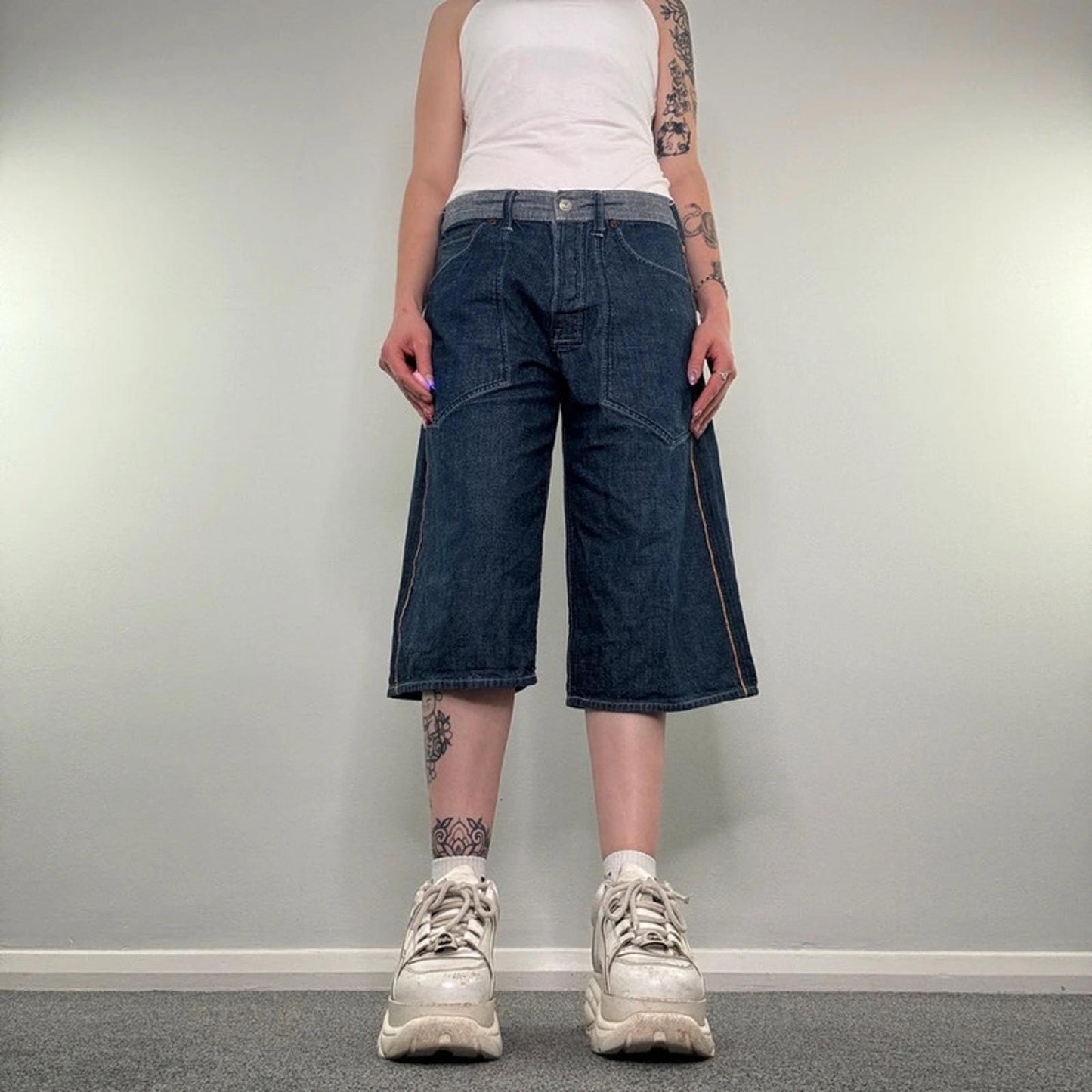 Y2K vintage Evisu reversible jorts denim shorts cropped capri baggy wide leg