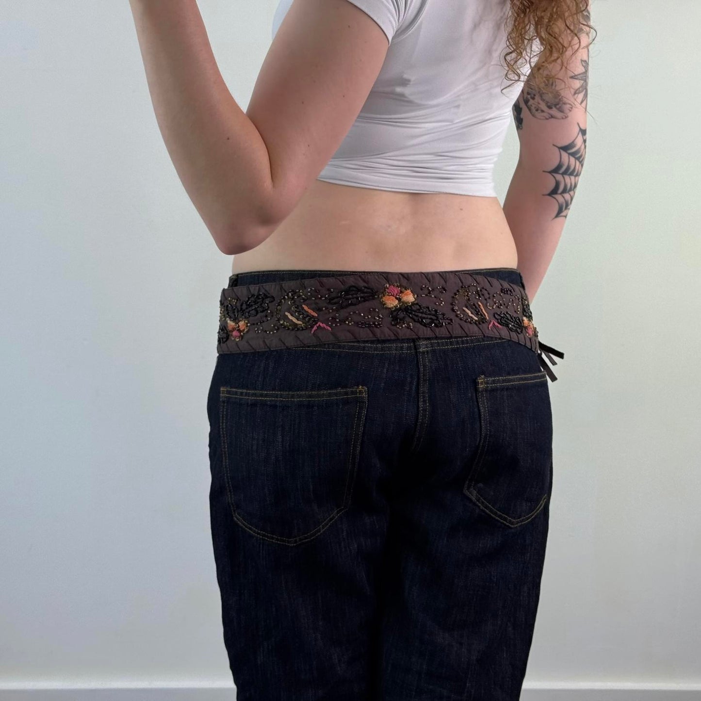 Y2K vintage adjustable floral belt sequin embroidery boho festival tassel bow