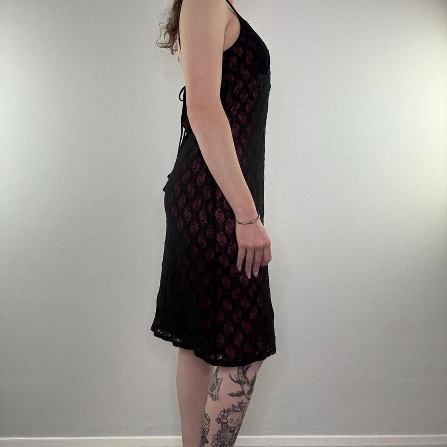 Y2K vintage midi dress mesh overlay floral lace open low back bow pink black