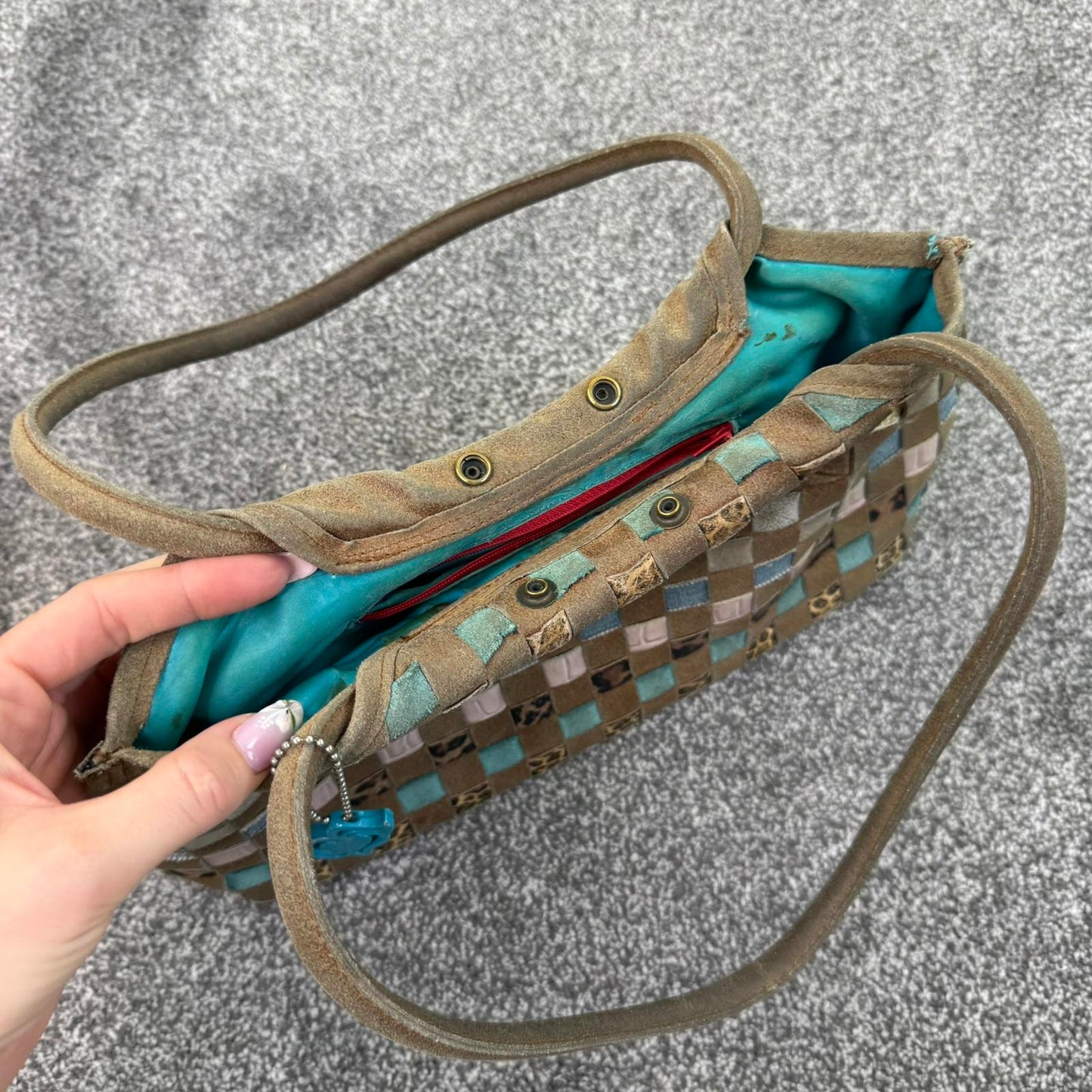 Y2K vintage suede shoulder bag woven leopard print denim pink blue brown