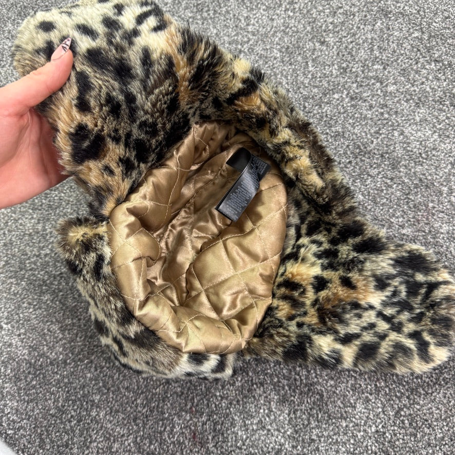 Y2K faux fur leopard print trapper hat pom poms