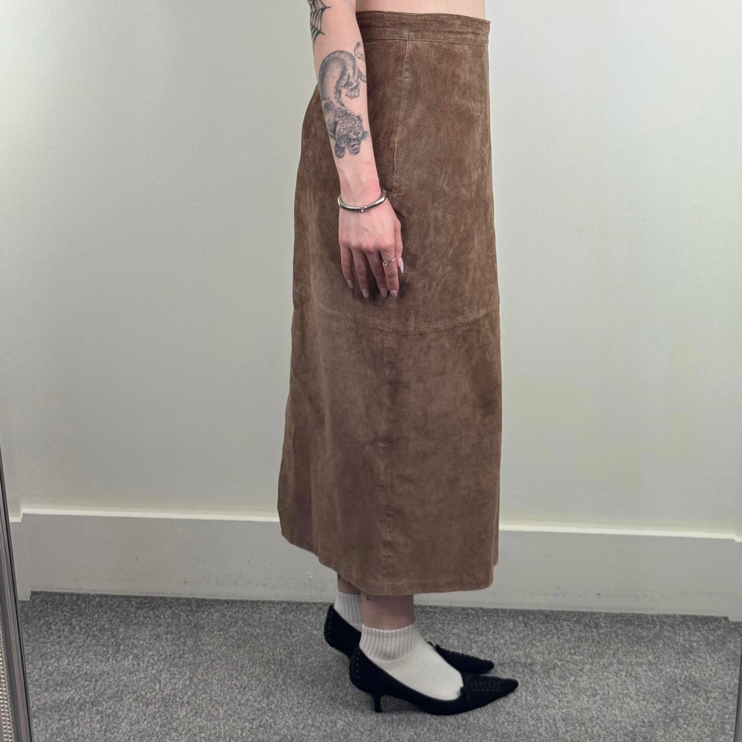 Y2K vintage genuine leather suede maxi skirt a line long full length brown