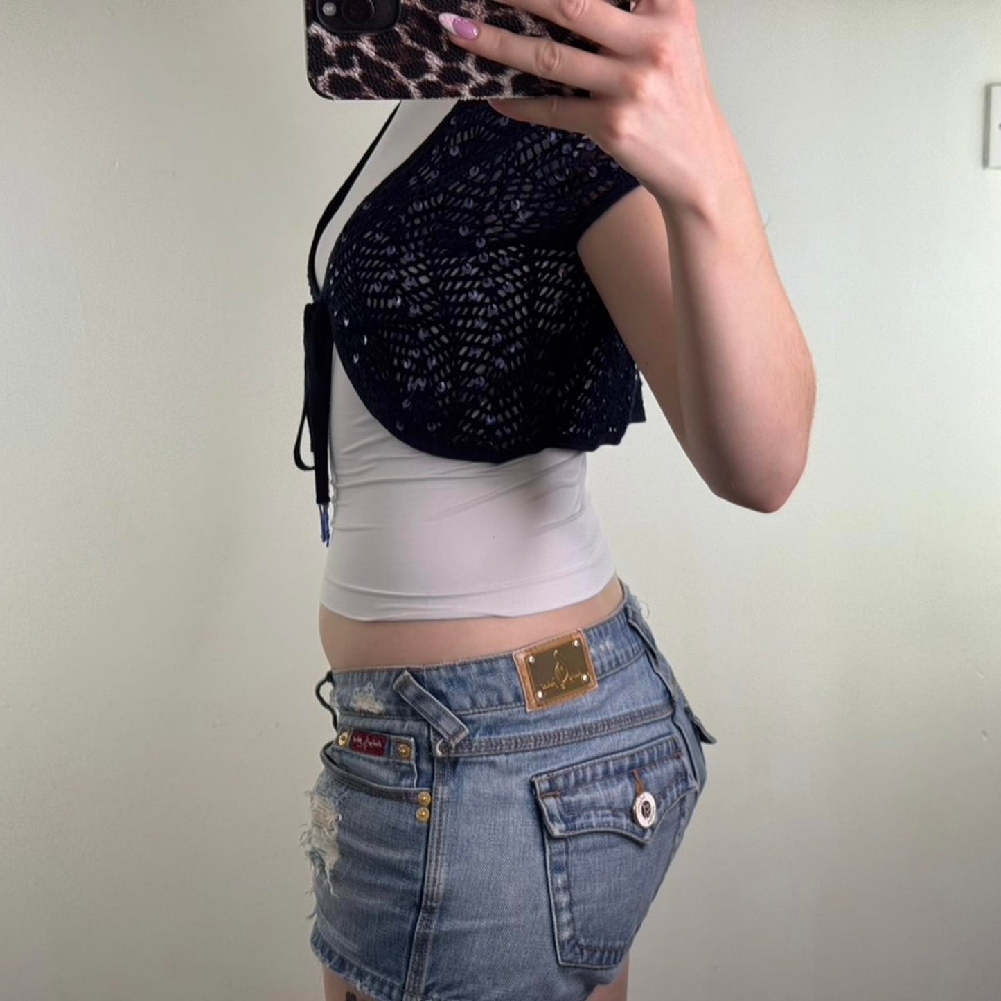 Y2K vintage crochet knit cropped cardigan short sleeve sequin tie bow front