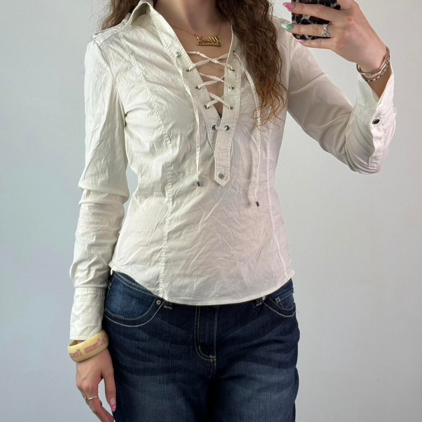 2011 Karen Millen fitted stretchy lace up bust shirt blouse long sleeve white