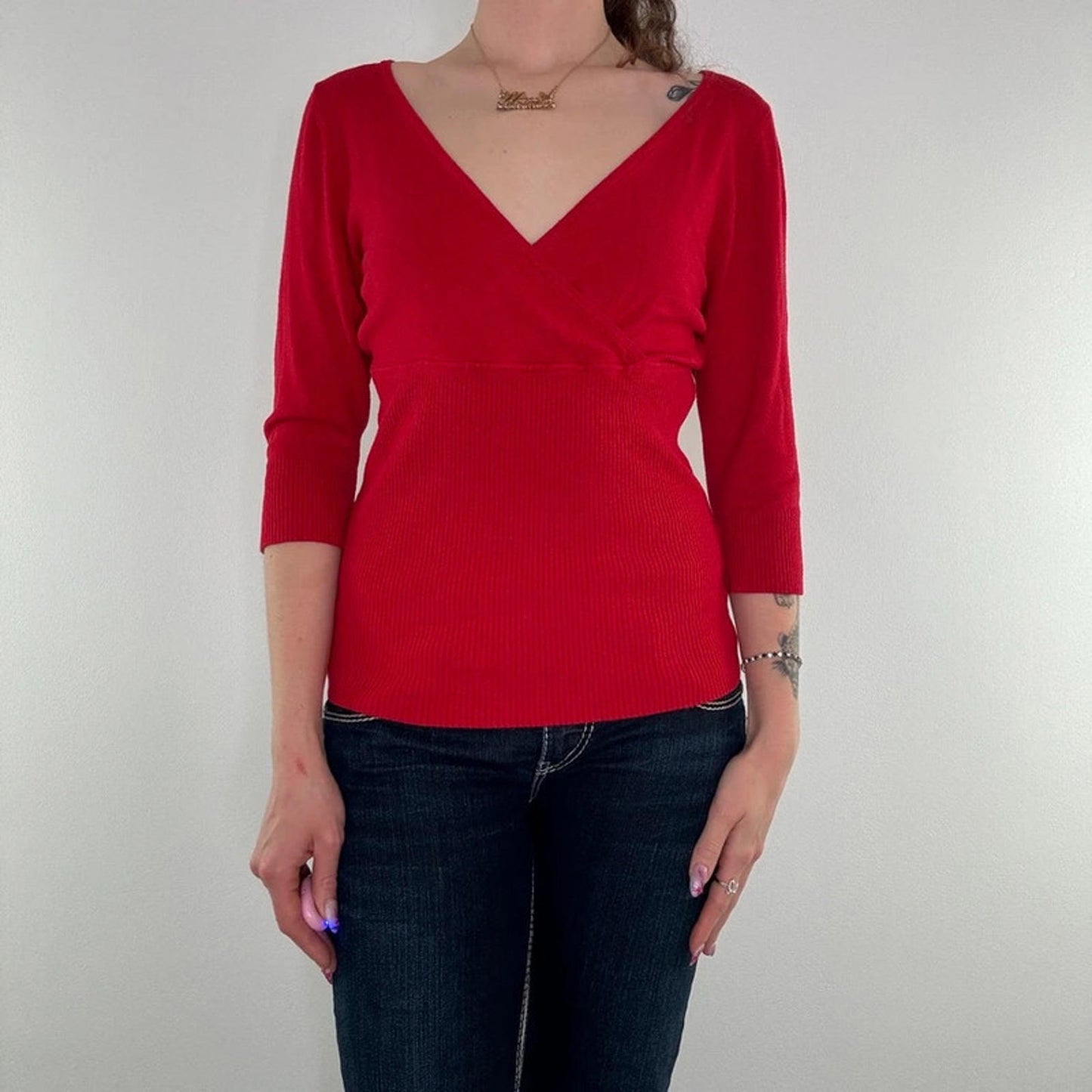 Y2K vintage Bay 3/4 sleeve fine knit jumper open back bow v neck stretchy