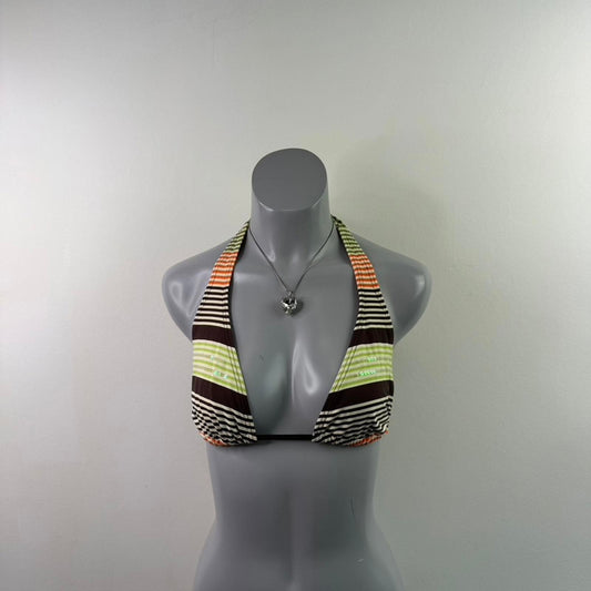 Y2K vintage sequin stripe halter neck stripe bikini top brown orange green cream