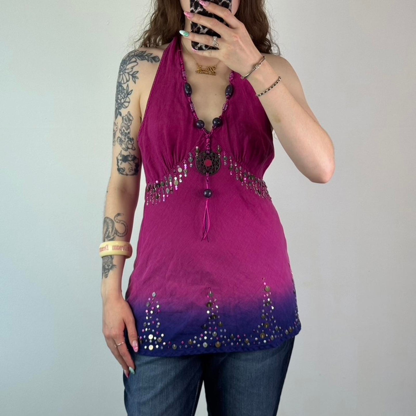 Y2K vintage 100% linen halter neck beaded sequin top v neck boho embellished M