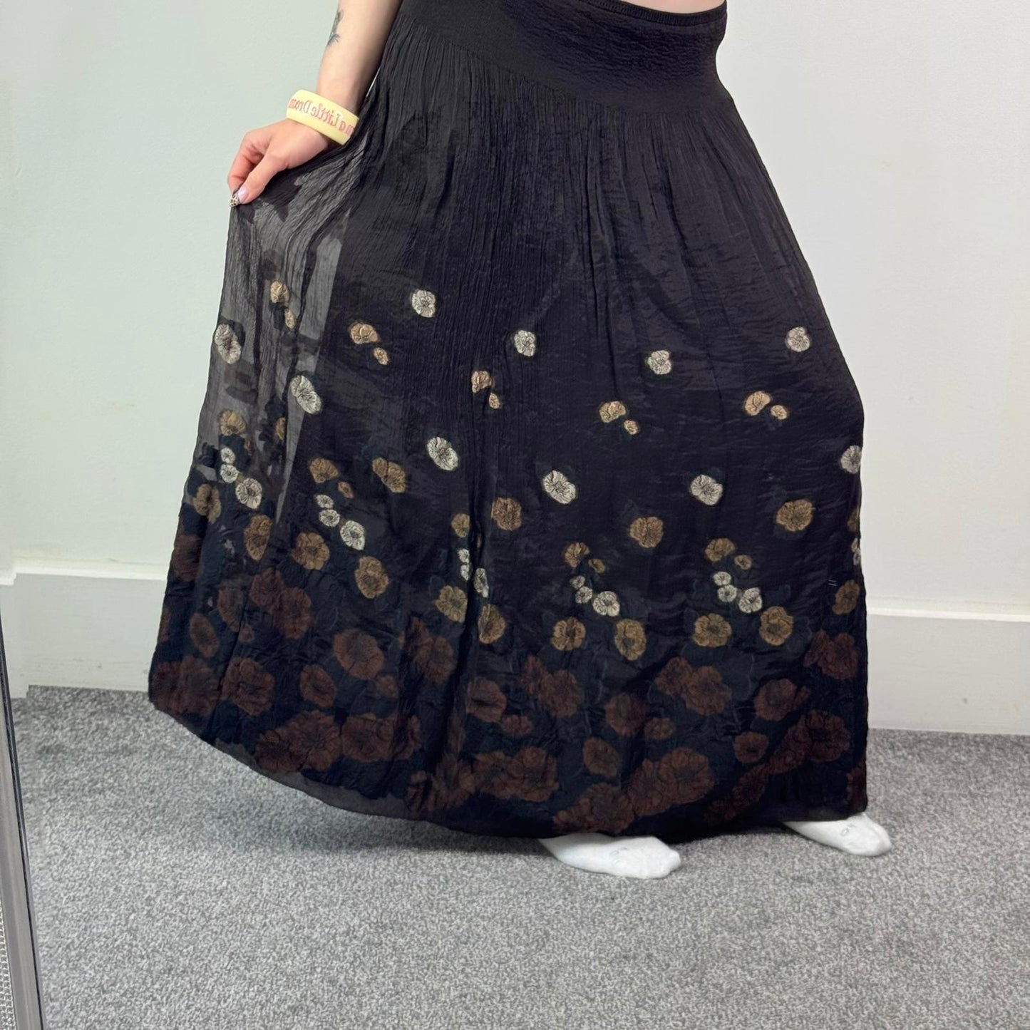 Y2K vintage stretchy maxi skirt floral sheer double overlay brown a line