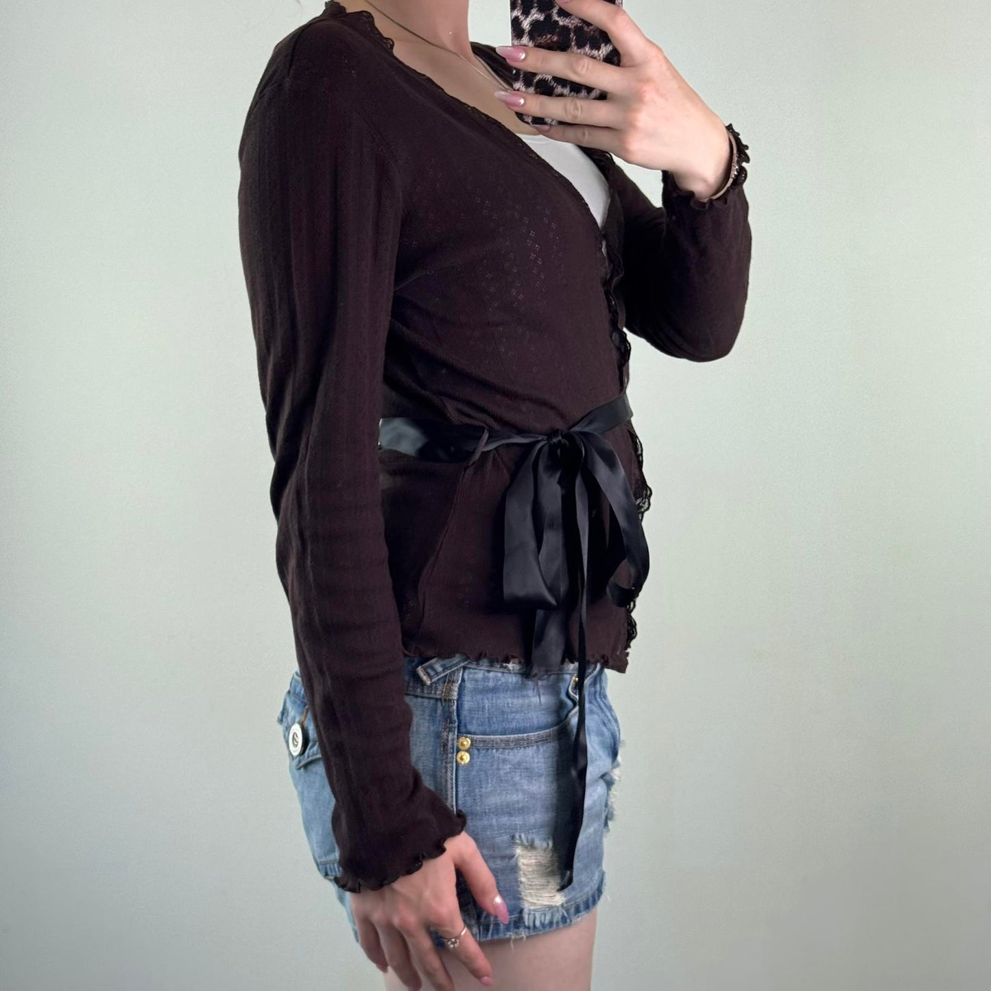 Y2K vintage fine knit button up cardigan satin bow v neck lace trim lettuce hem