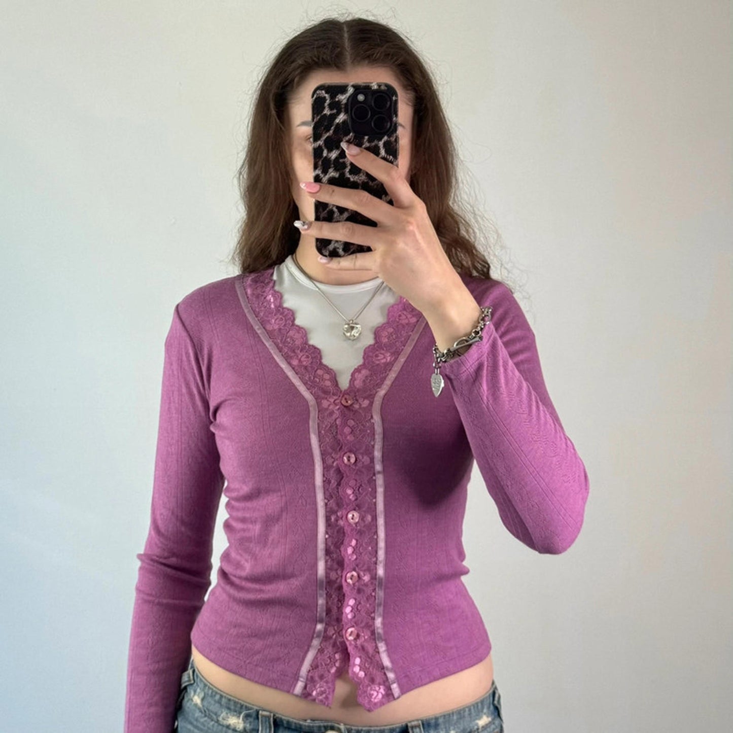 Y2K vintage fine knit button up lace trim long sleeve cardigan v neck fitted