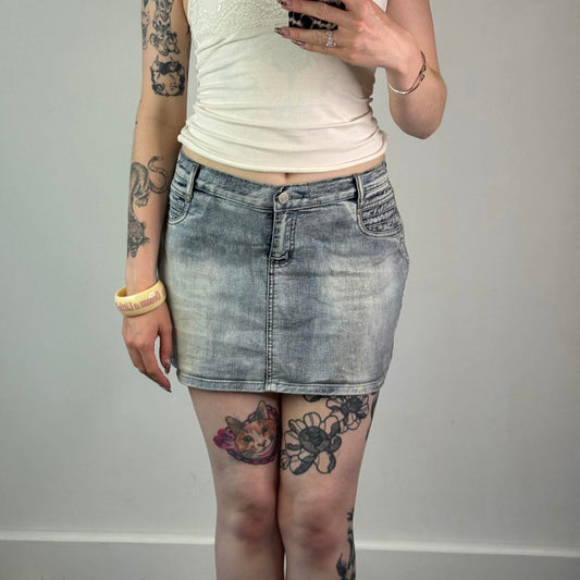 Y2K vintage sparkly glitter denim mini skirt stretchy light blue faded mid rise