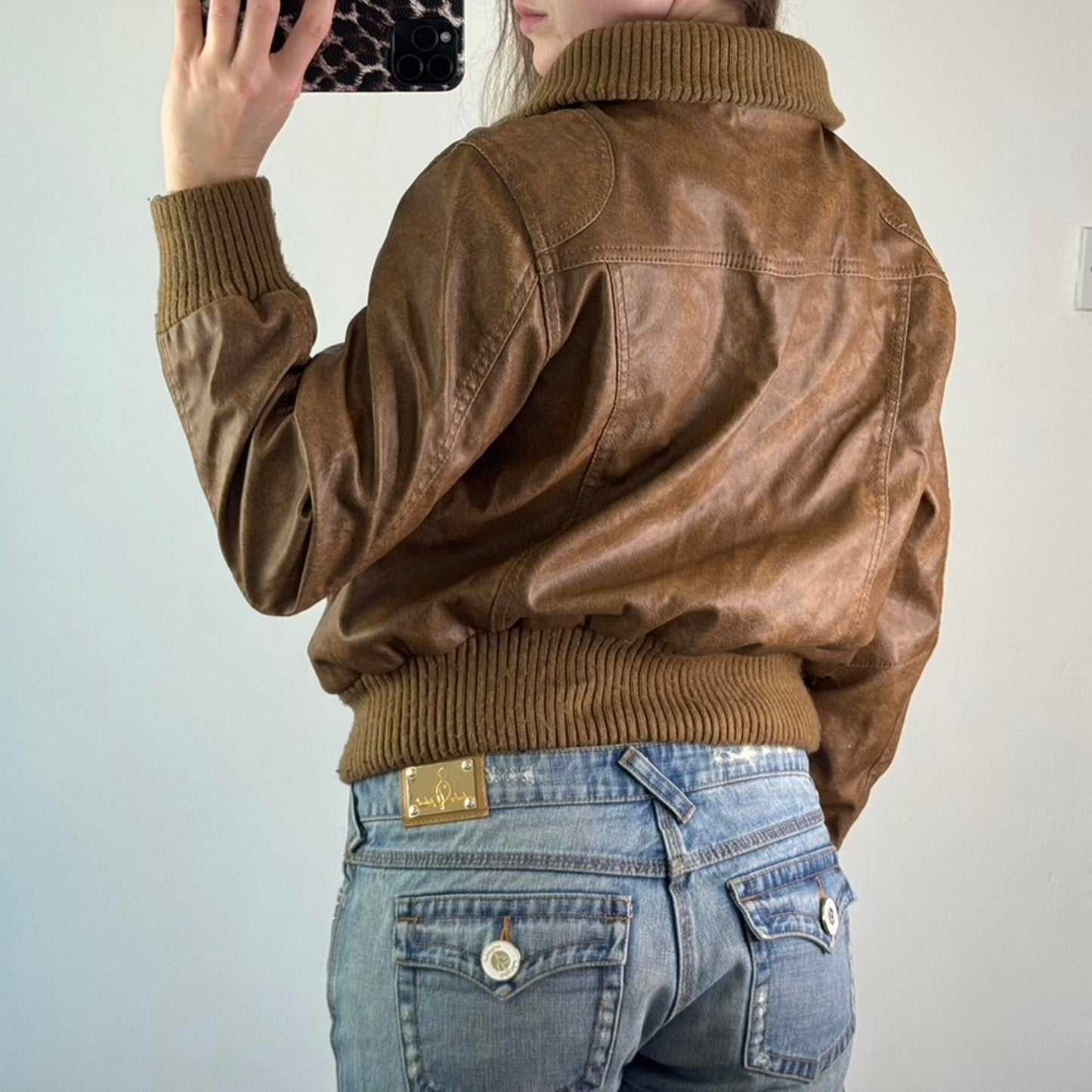 Y2K vintage faux leather bomber zip up jacket short slight crop utility archive