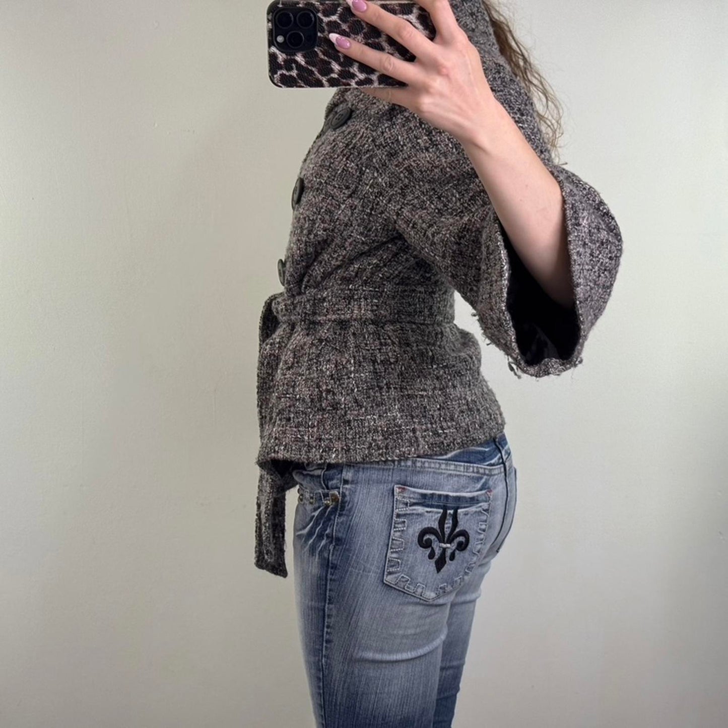 Y2K vintage wool blend pea coat jacket flare 3/4 sleeve with belt button up