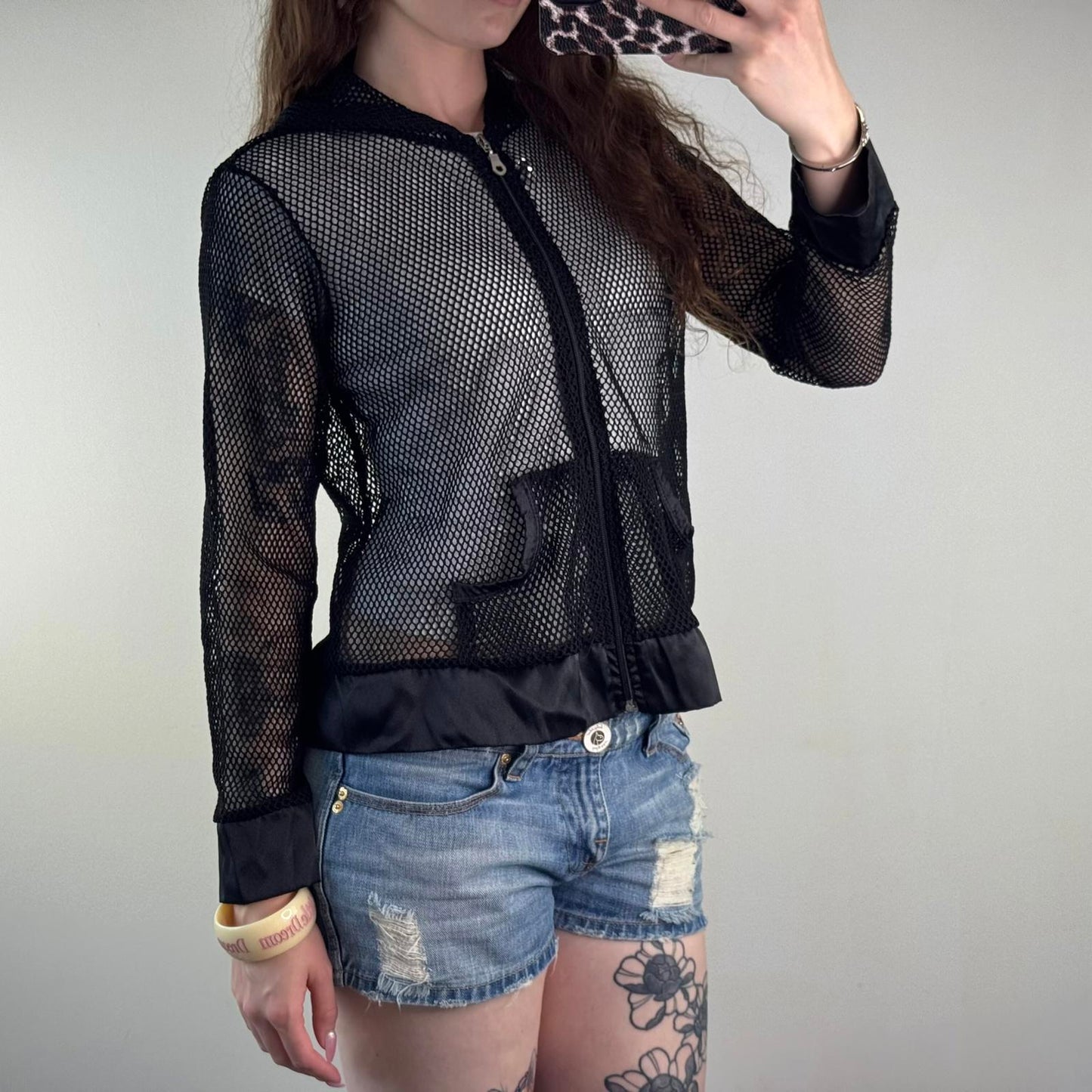 Y2K vintage fishnet mesh perforated zip up hoodie lightweight sheer see through