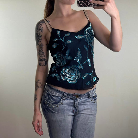 Y2K vintage 100% pure silk cami top embellished floral rose sequin pattern