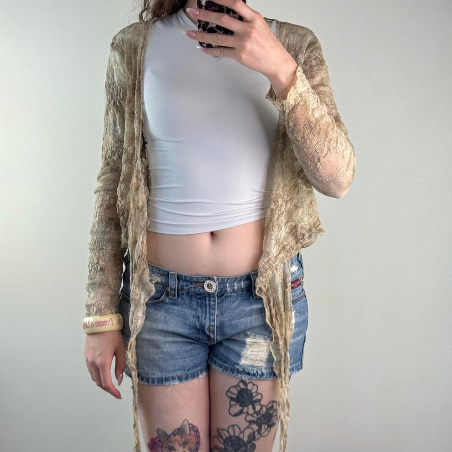 Y2K vintage wrap around cardigan sheer lace beige ombre tie bow adjustable