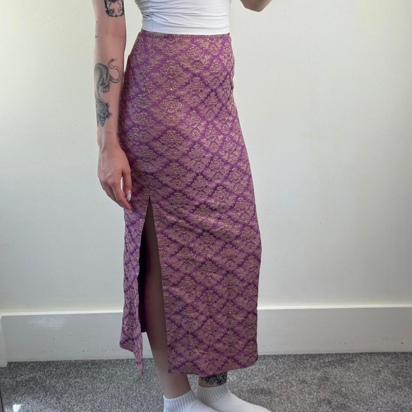 Y2K vintage Karen Millen maxi skirt brocade pattern floral gold purple