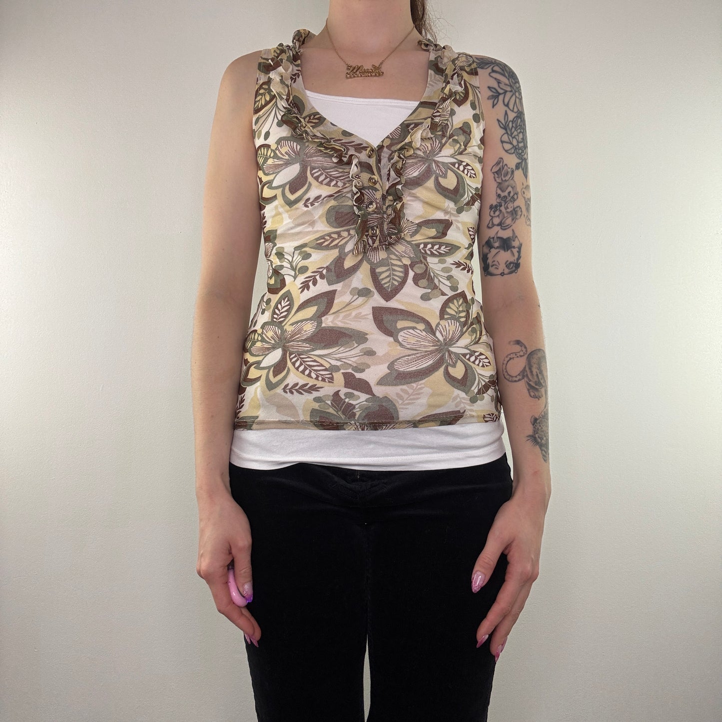 Y2K vintage Jane Norman tank sleeveless mesh frilly floral top