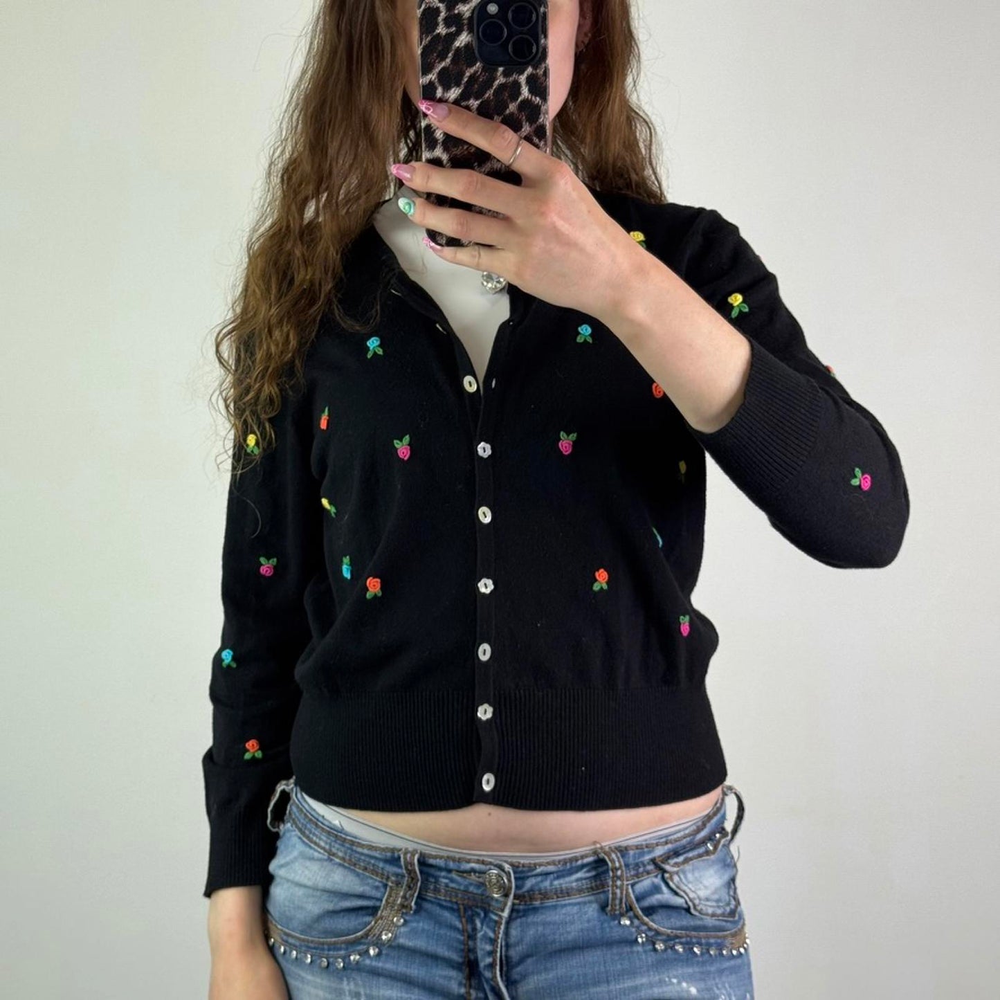 Y2K vintage button up knit floral rose 3D embroidered long sleeve cardigan