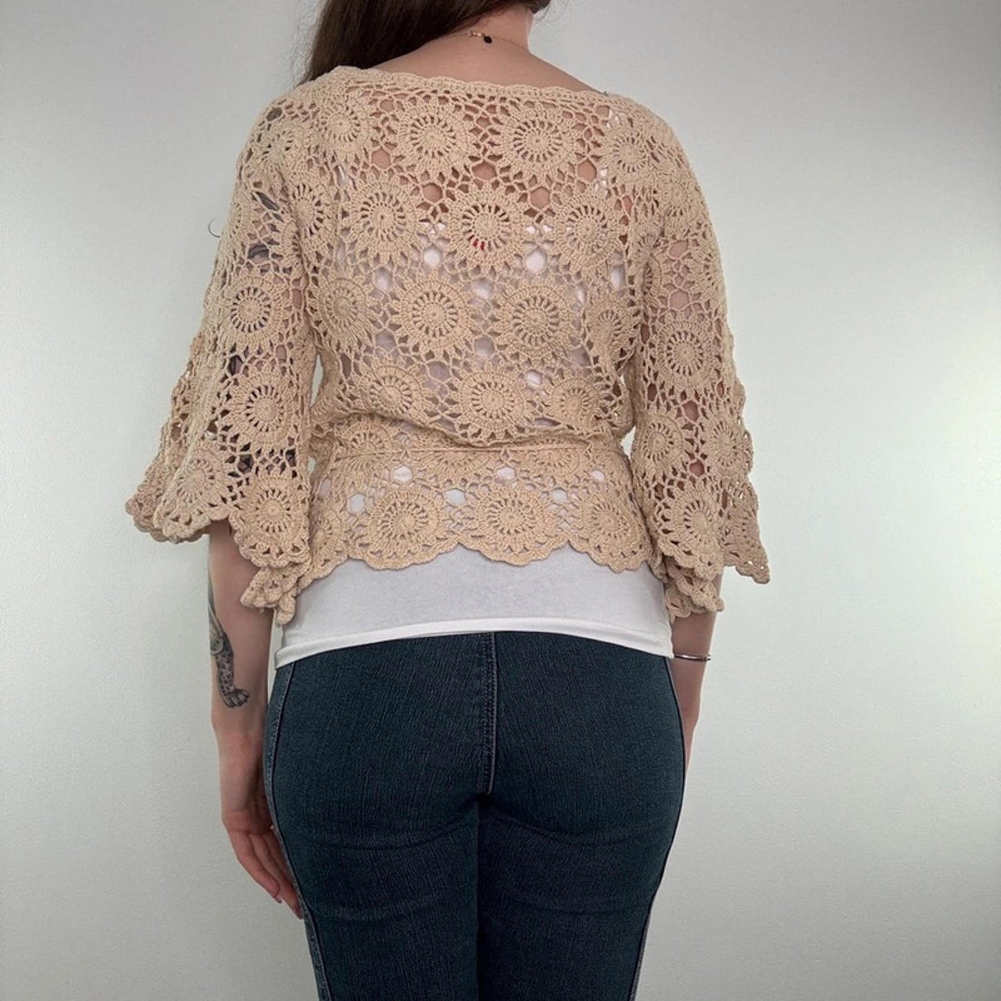 Y2K vintage crochet half sleeve bow top drawstring waist sheer floral cream