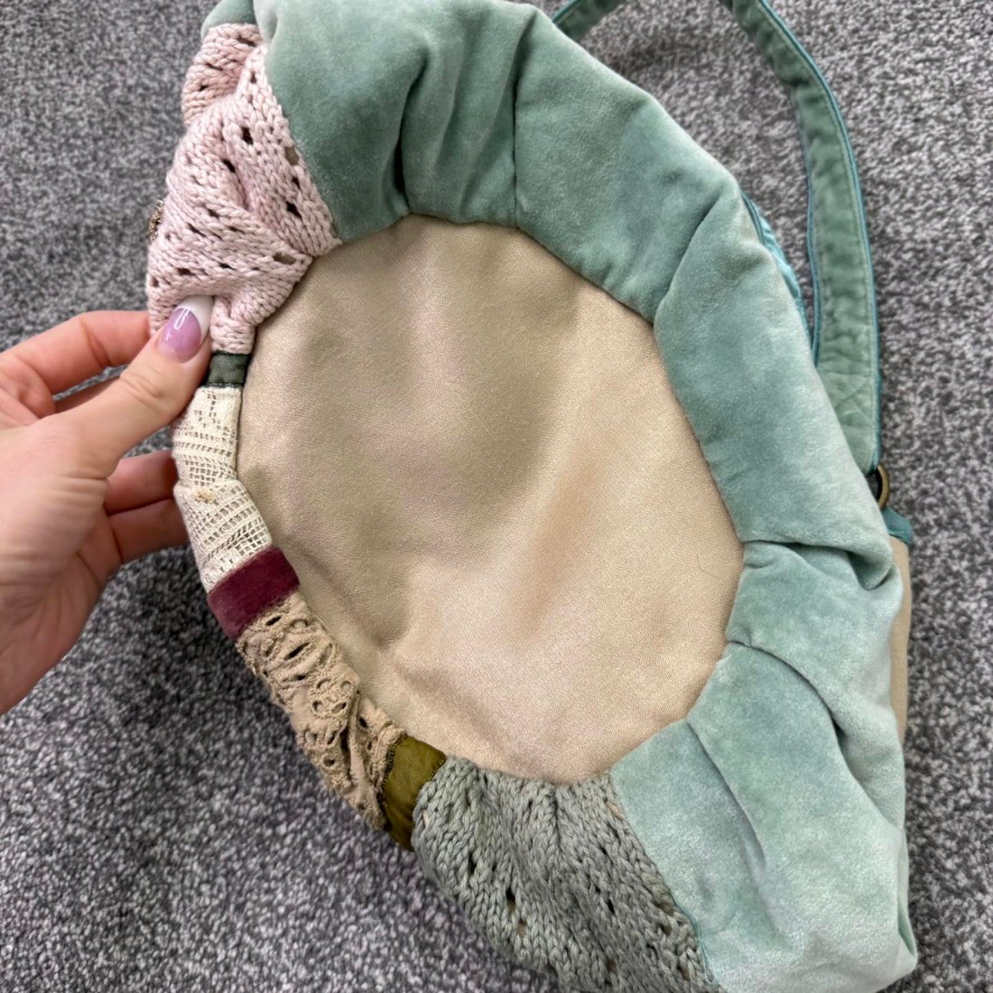 Y2K vintage patchwork shoulder bag crochet knit lace floral velour pastel multi