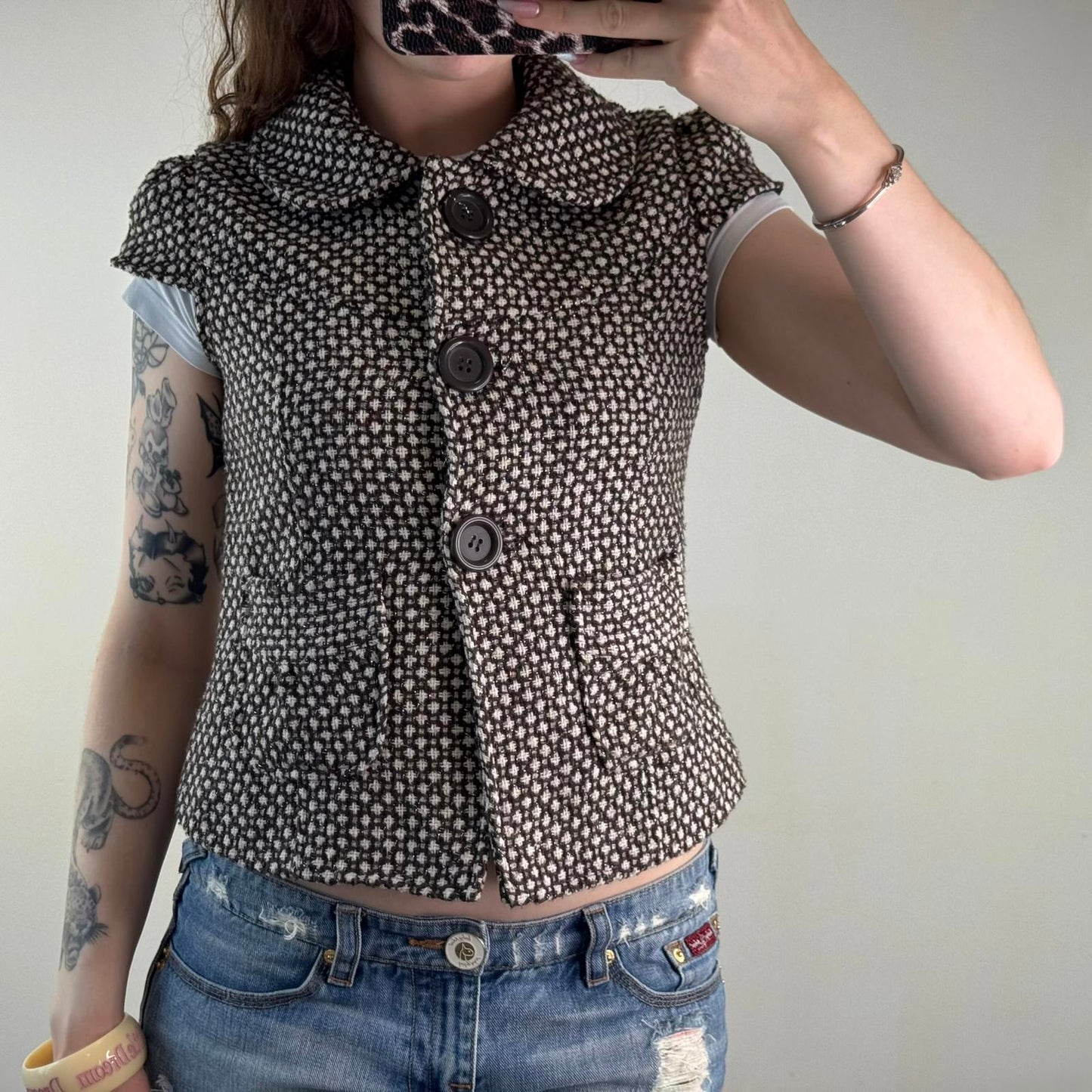 Y2K vintage sparkly part wool button up short sleeve jacket archive brown white