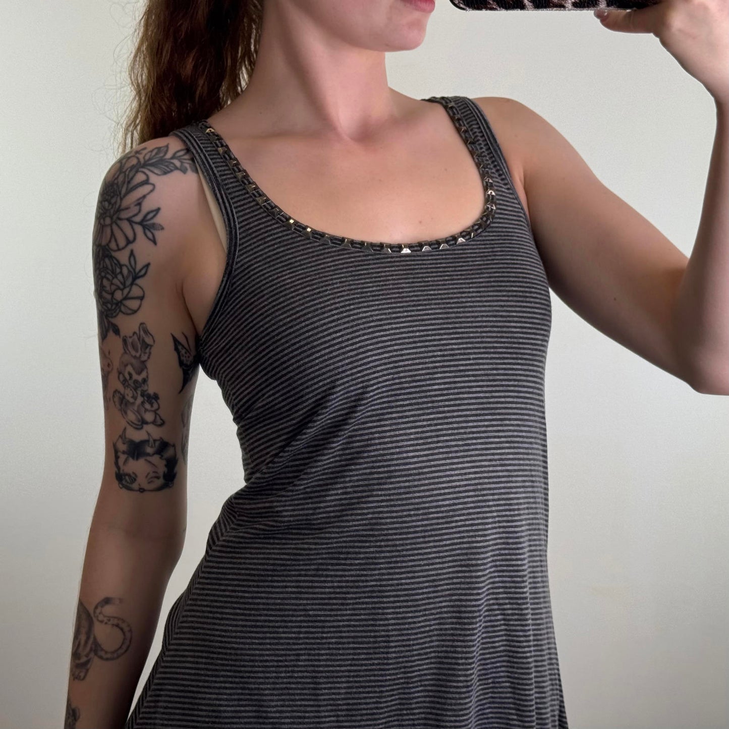 Y2K vintage stripe studded flowy tank top scoop neck stripy curved hem